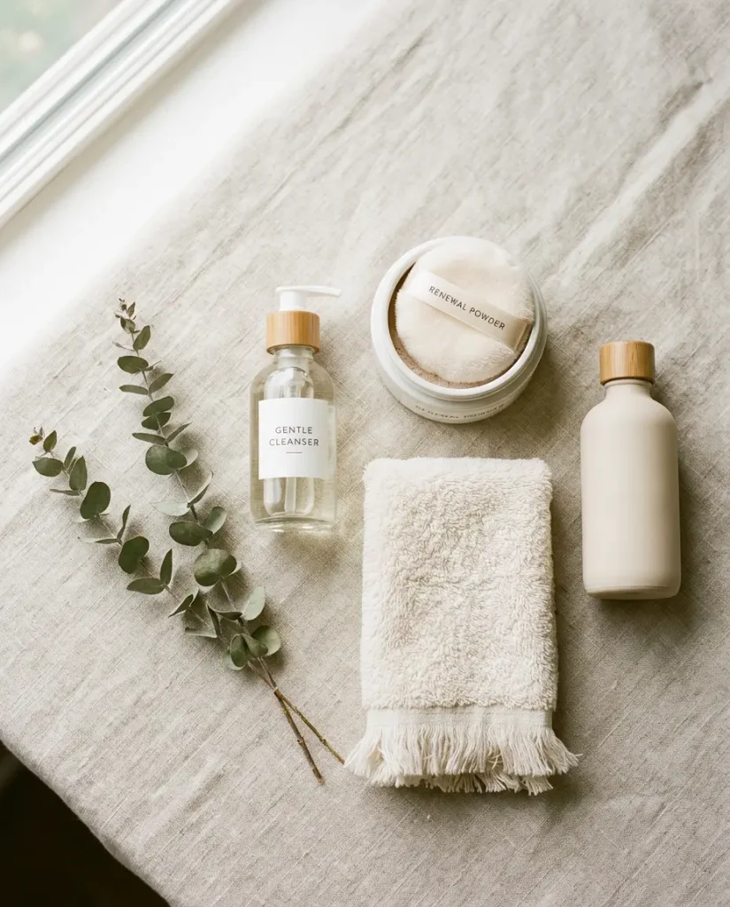 sex-doll-cleaning-care-kit-flatlay Flat lay of doll care essentials including mild cleanser, renewal powder, soft towel, and water-based lubricant, arranged neatly for a simple after-use cleaning routine