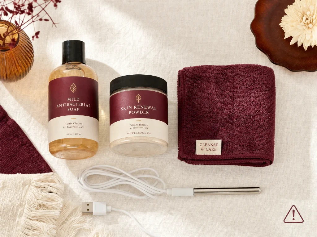 sex-doll-cleaning-care-kit-flatlay Flat lay of doll cleaning and care supplies including mild soap, renewal powder, soft cloth, and a USB heating rod unplugged beside a caution icon