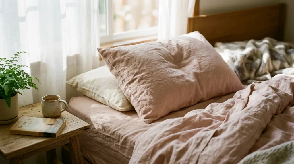 sex-doll-companionship-comfort Soft linen bedding in warm morning light, evoking the comforting presence a companion doll can offer
