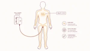Diagram showing internal heating wires running through a doll's torso and limbs to reach 98.6°F body temperature