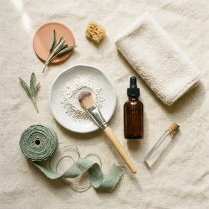 Flat lay of sex doll care essentials: mild soap, renewal powder, towel, and repair glue
