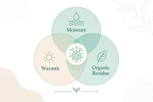 Diagram showing the three conditions that cause mold on a sex doll: trapped moisture, warmth, and residue on porous TPE material