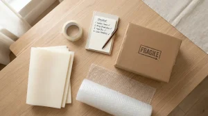 Moving day packing essentials including bubble wrap, foam padding, and a labeled fragile box laid out on a table