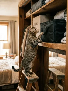 A curious cat pawing at a zipped storage bag on a high shelf, illustrating why sex dolls need pet-proof storage