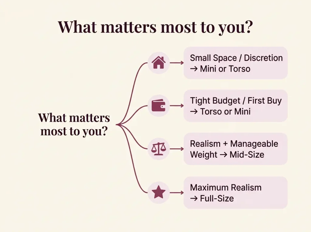 sex-doll-size-decision-chart Decision flowchart matching buyer priorities such as small space, budget, or realism to the recommended sex doll size