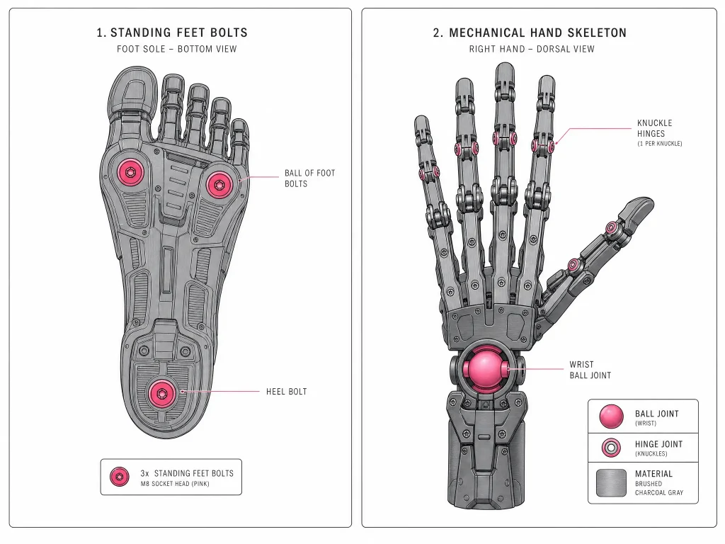 Diagram showing sex doll standing feet bolts and an articulated hand skeleton with finger joints