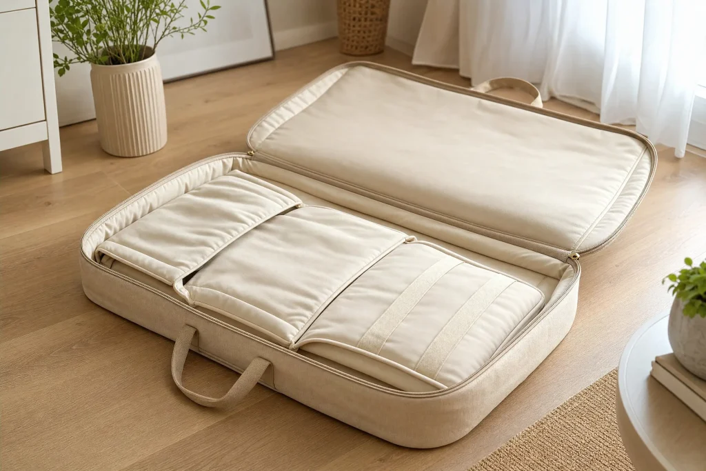 Padded storage case for storing a sex doll flat in a cool, dry place