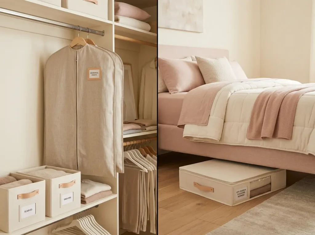 sex-doll-storage-flat-vs-hanging-closet Side-by-side comparison of a garment bag hanging in a closet and a flat storage box under a bed