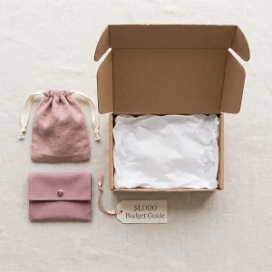Discreetly packaged sex doll order under $1,000 with care kit and price tag, unboxed on a soft pink background