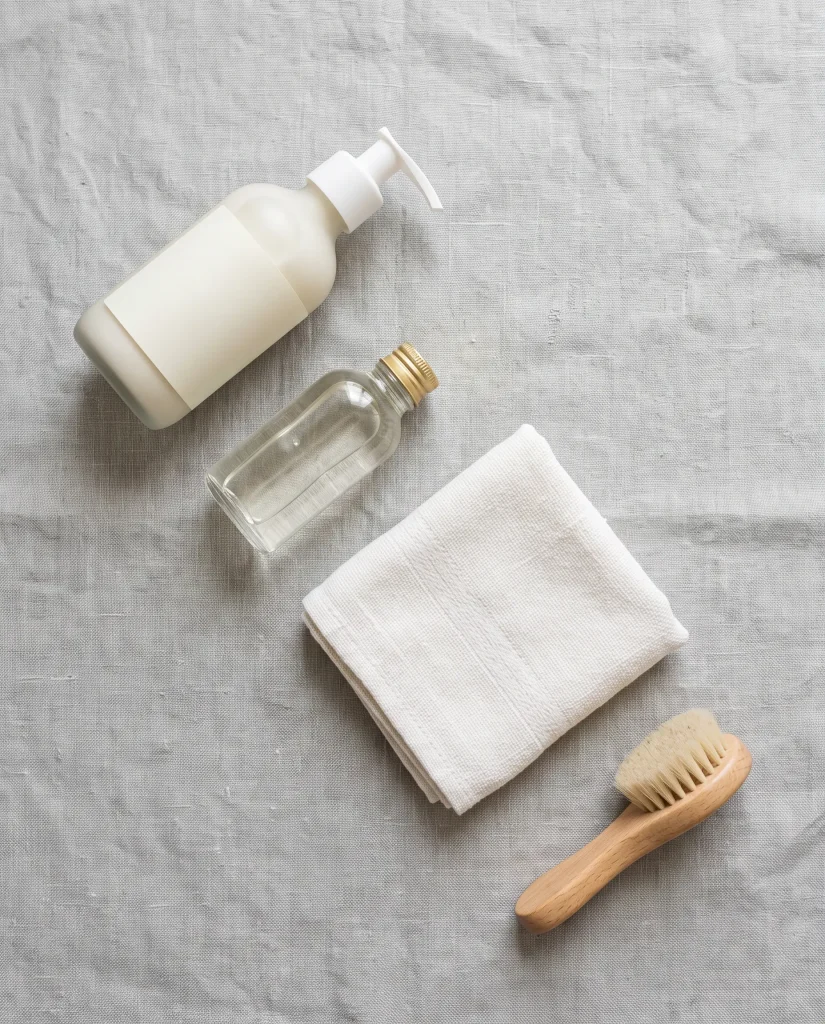 silicone-doll-care-kit-essentials Flat lay of silicone doll care essentials including mild soap, soft towel, and water-based lubricant