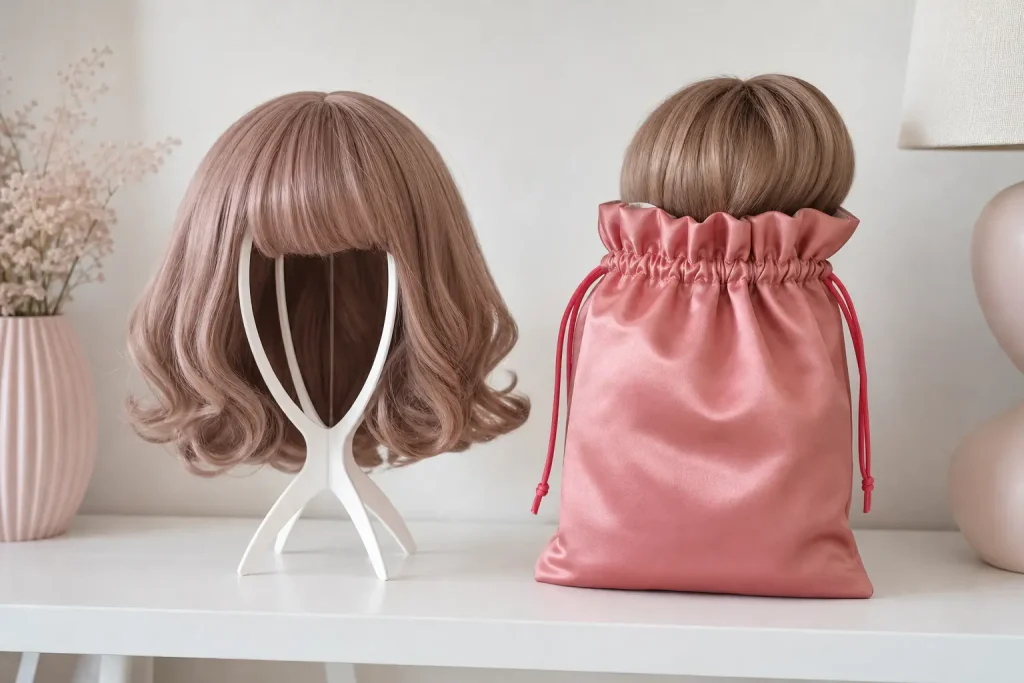 store-doll-wig-stand-satin-bag Two ways to store a doll wig side by side, one styled on a wig stand and one folded into a breathable satin bag, never sealed plastic