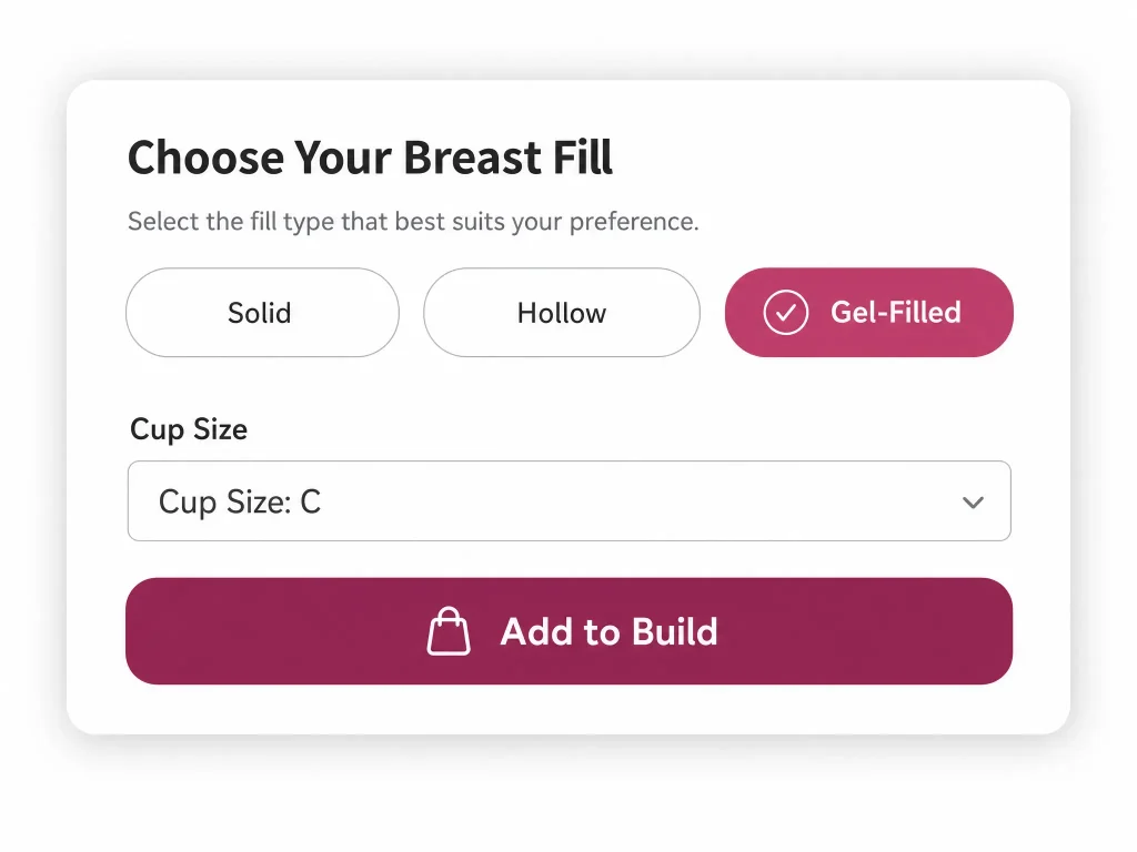 sweetiedoll-breast-fill-cup-size-configurator-preview Preview of the SweetieDoll customization panel for selecting breast fill type and cup size