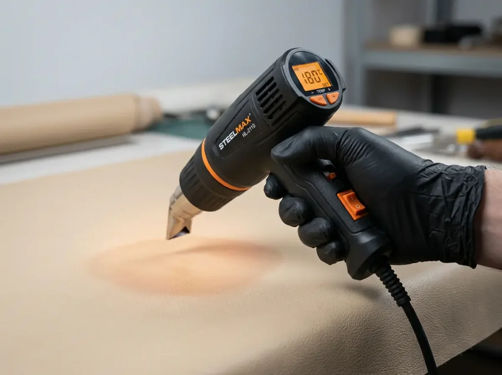 tpe-doll-heat-gun-fusion-repair-technique Hand holding a heat gun near TPE material during a heat-fusion repair