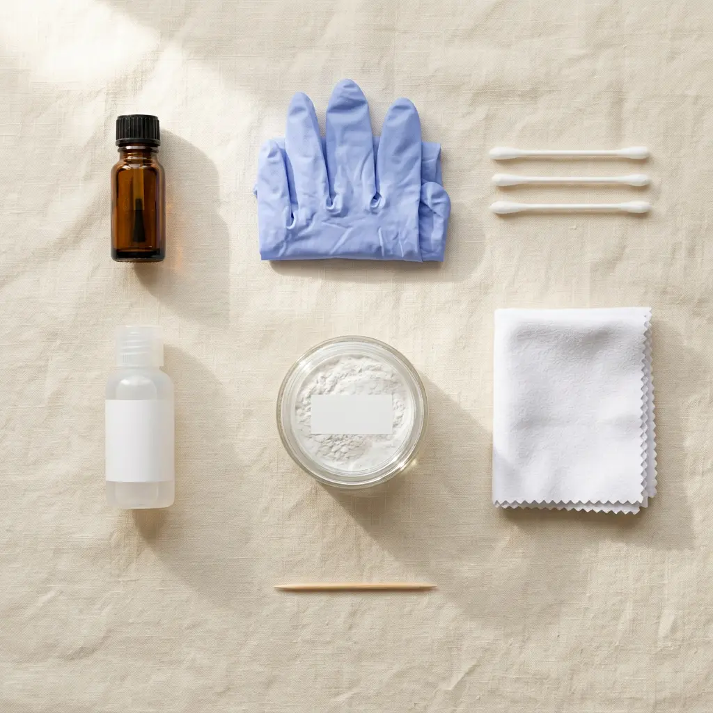 tpe-doll-repair-kit-supplies-flatlay Flatlay of TPE doll repair supplies including glue, gloves, alcohol, and powder