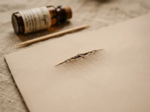 Close-up of a small tear in TPE doll skin before an at-home repair