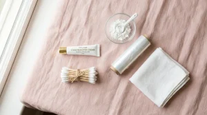 Flat lay of TPE doll stain removal supplies — stain-remover cream, cotton swabs, cling film and cornstarch on a soft pink surface.