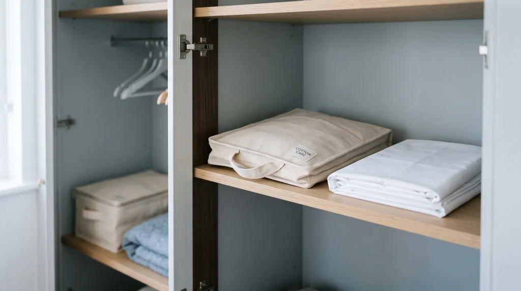 Breathable fabric storage bag laid flat with a folded light-colored cotton sheet in a cool, shaded closet space away from sunlight