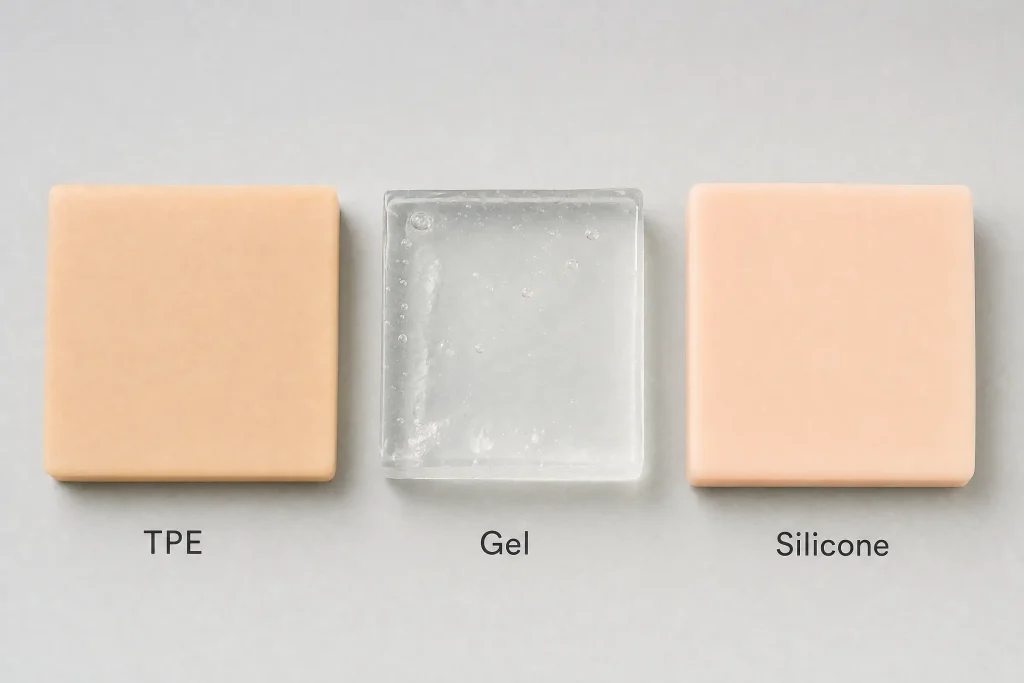 tpe-silicone-gel-fill-material-texture-comparison Macro close-up comparing TPE, silicone, and gel fill material samples side by side