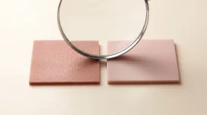 TPE and silicone material swatches examined with a magnifying glass to check for skin-safe, hypoallergenic sex doll materials 