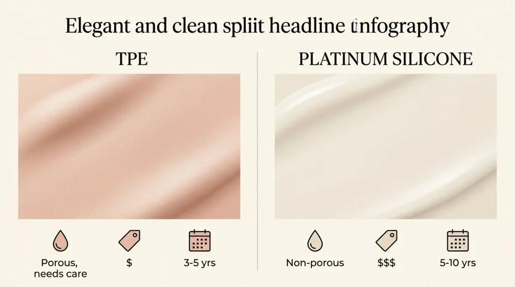 tpe-vs-platinum-silicone-material-comparison Side-by-side material texture comparison of soft TPE and firm platinum silicone used in sex dolls, showing porous versus non-porous surface