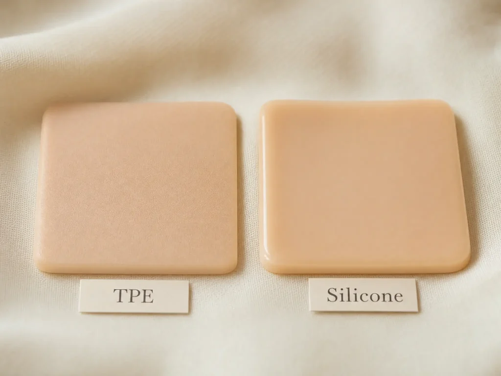 tpe-vs-silicone-doll-material-texture-comparison Close-up side-by-side texture comparison of TPE and silicone material samples used in sex dolls