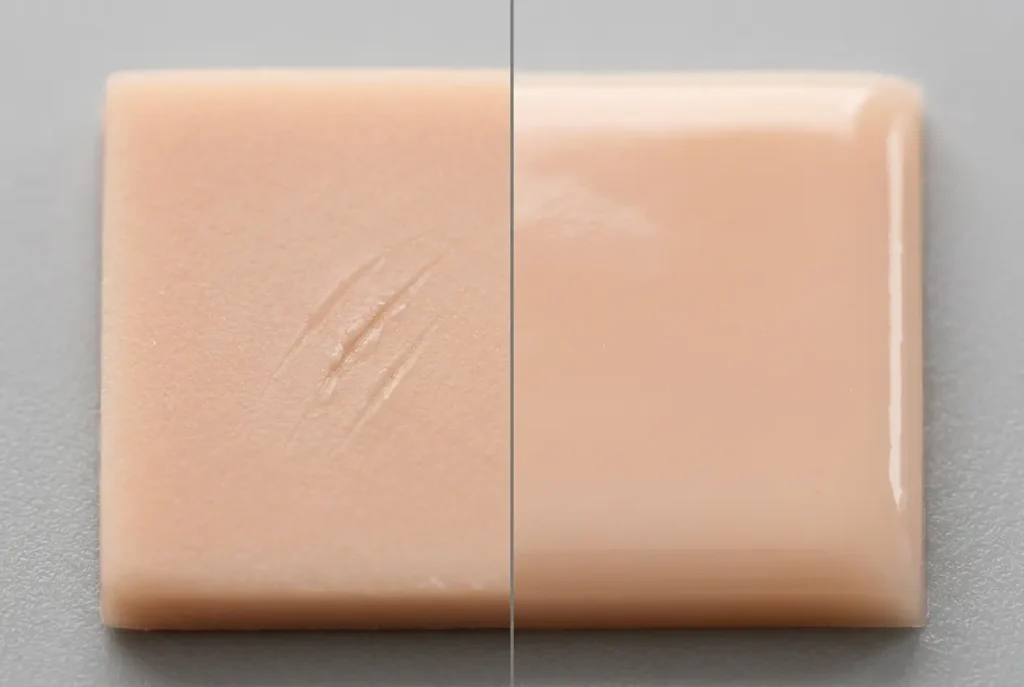 tpe-vs-silicone-material-durability Macro close-up comparing porous TPE material with a claw scratch against smooth, scratch-resistant platinum-cured silicone