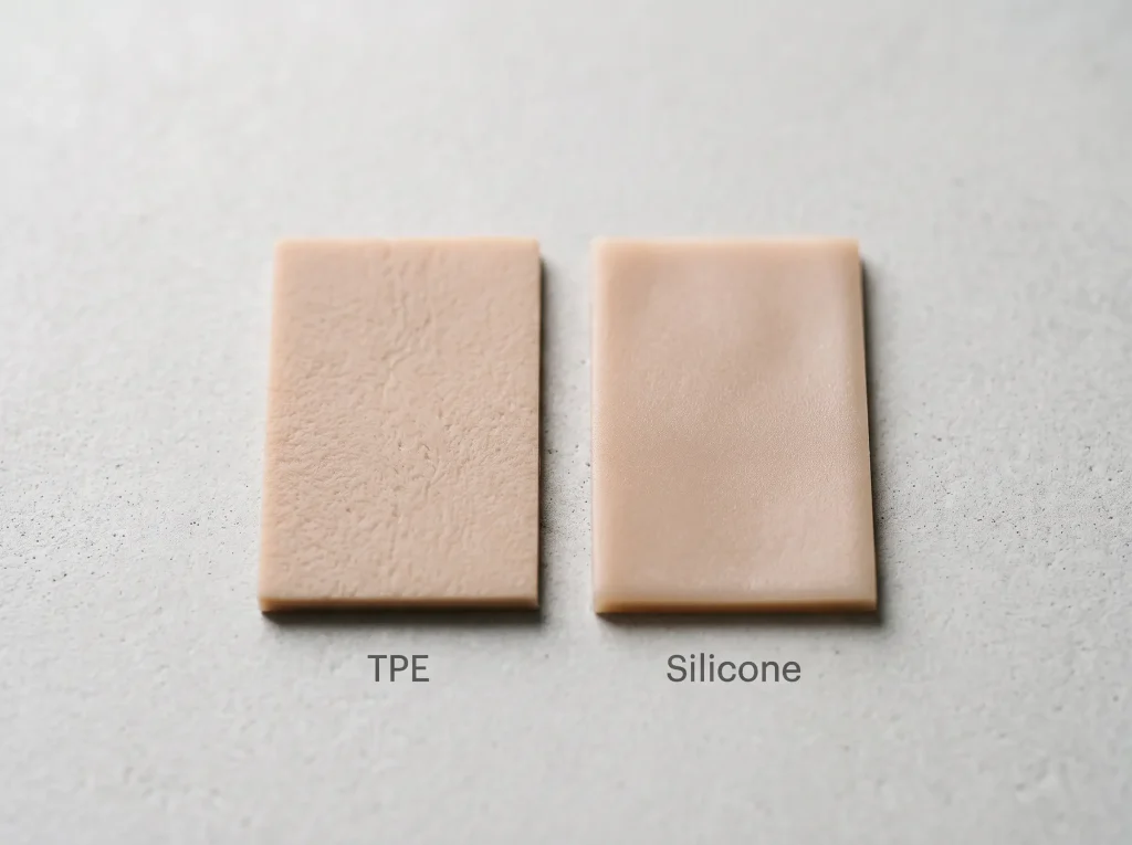 tpe-vs-silicone-material-swatch-comparison Close-up comparison of TPE and silicone material swatches used in sex dolls