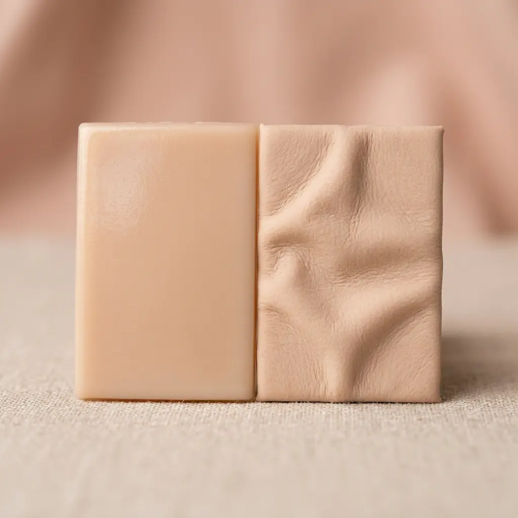 tpe-vs-silicone-material-texture-comparison Close-up comparison of TPE and silicone material swatches showing skin-like texture, illustrating the difference in softness and finish for couples choosing a doll material