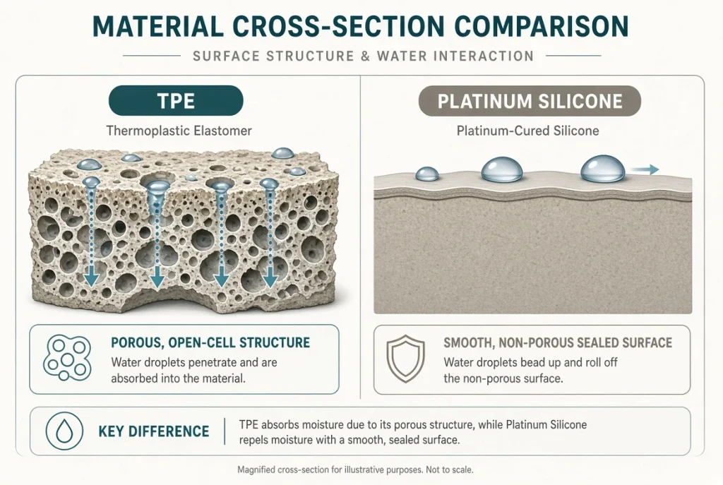 tpe-vs-silicone-porosity-mold-comparison Side-by-side cross-section illustration comparing porous TPE surface that traps moisture with non-porous silicone surface that repels water