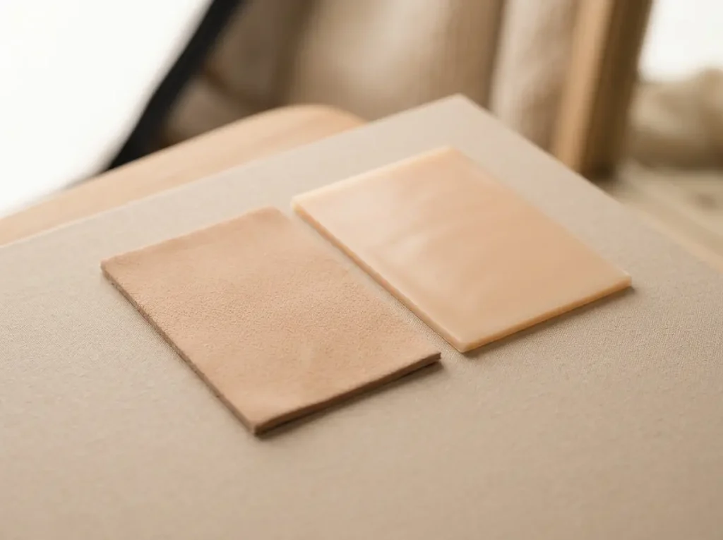 tpe-vs-silicone-sex-doll-material Side-by-side TPE and silicone material swatches for choosing a sex doll