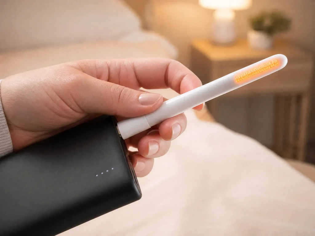 usb-heating-rod-sex-doll-warming Hand holding a USB heating rod connected to a power bank, used to safely warm a sex doll to about 43°C