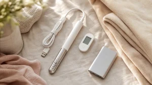 Sex doll warming accessories including a USB heating rod, digital thermometer, and soft blanket on neutral linen