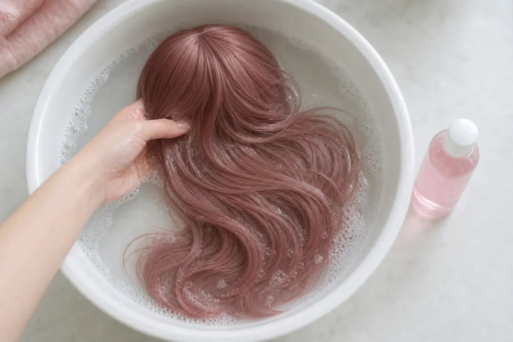 wash-doll-wig-cool-water-basin A synthetic doll wig soaking in a white basin of clear cool water with a small drop of wig shampoo, gently swished by hand