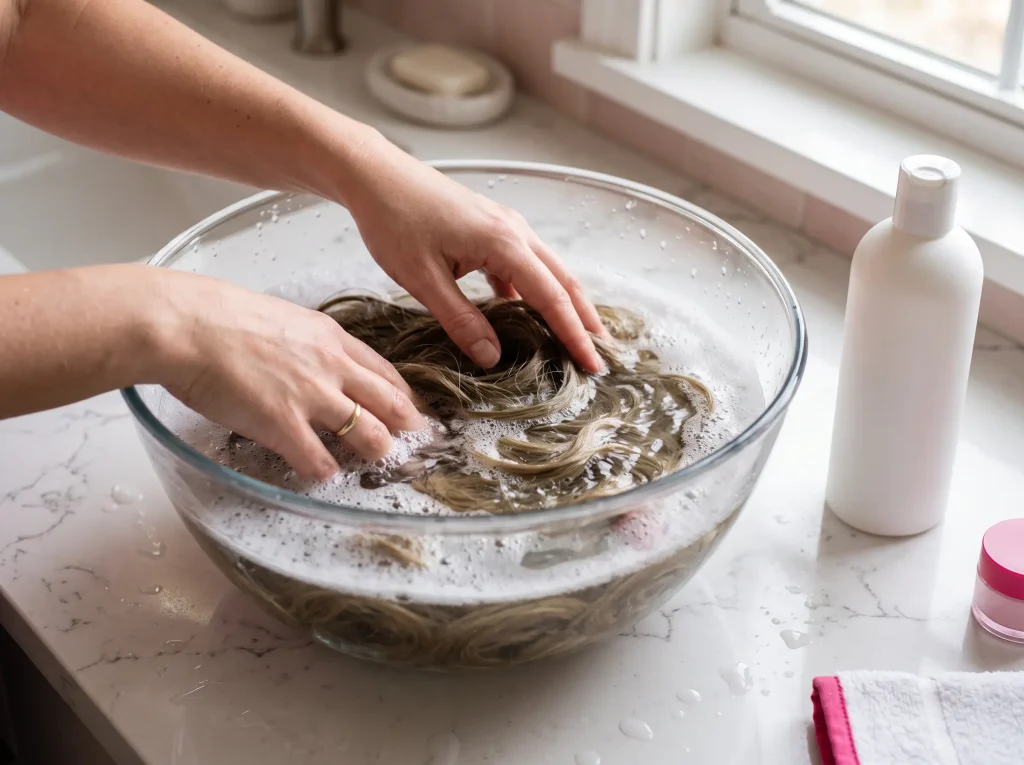 wash-synthetic-doll-wig-cool-water A synthetic doll wig soaking in a basin of cool water mixed with sulfate-free wig shampoo before rinsing