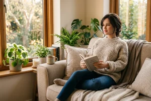 A realistic companion doll fully dressed on a cozy living-room sofa, illustrating why people buy sex dolls for companionship